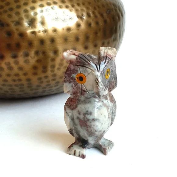 Marbled Owl Soap Stone Vintage Natural Toned Marbled Owl Figurine 3" Tall - Picture 11 of 12